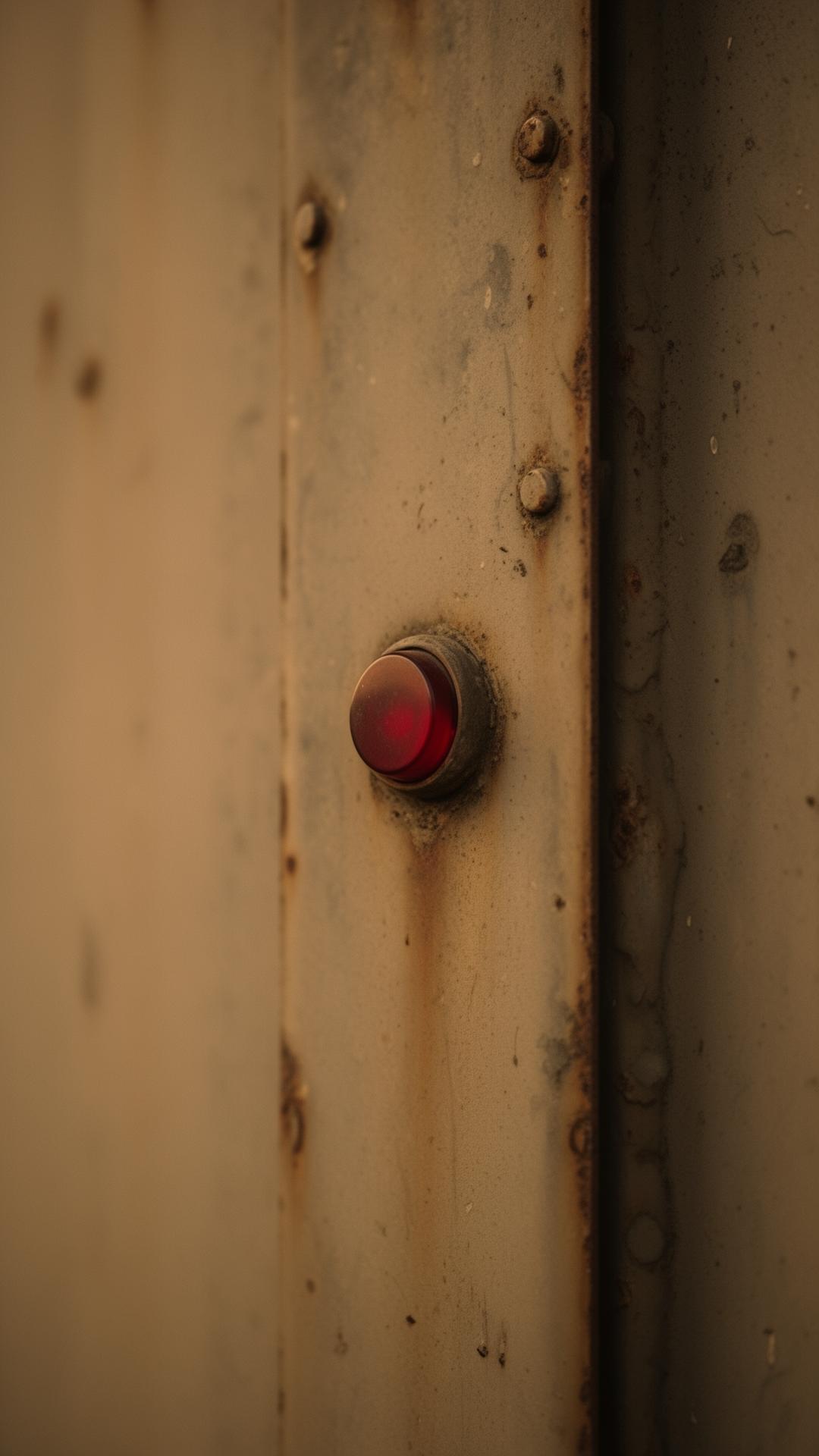 Close detail of weathered industrial plating with a single dim red indicator light